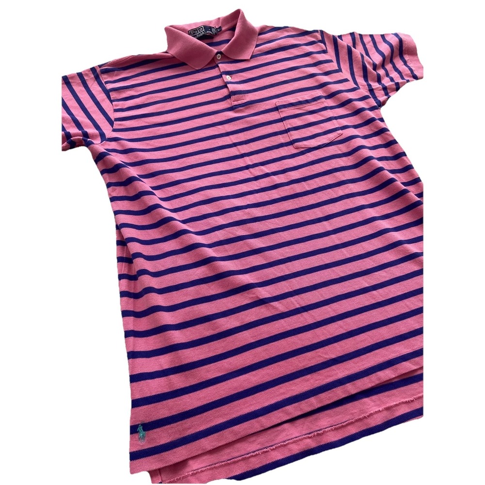 Vintage Polo Ralph Lauren The Big Shirt Size Large Pink Navy Blue Stripe Pony